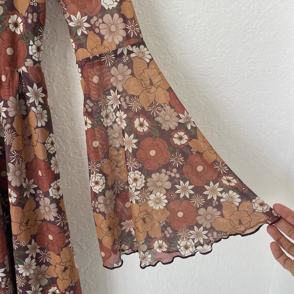 Womens Boho Milkmaid Dress Size M Brown Bell Sleeve Cottagecore Hippie Floral - Picture 8 of 16